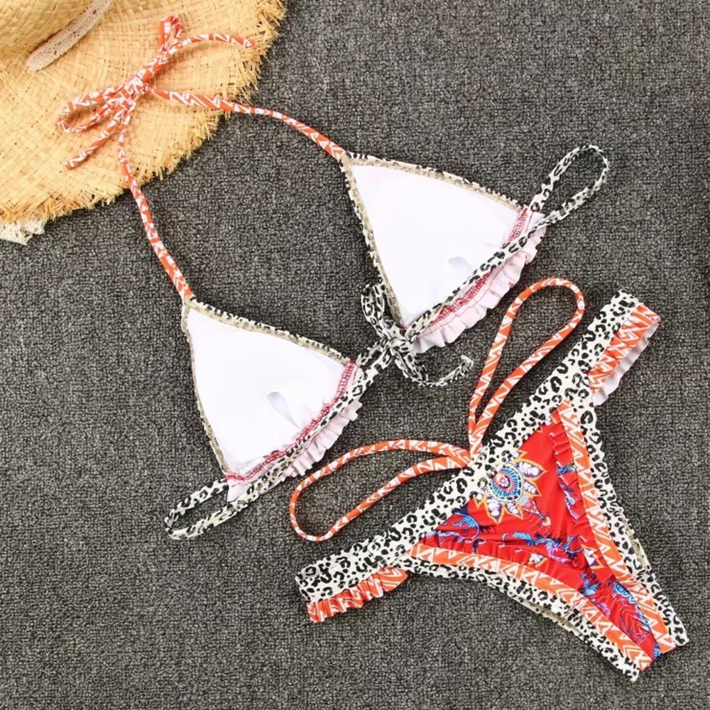 Red Thai Whispy Floral & Ruffle Brazilian Bikini - Picture 7 of 9